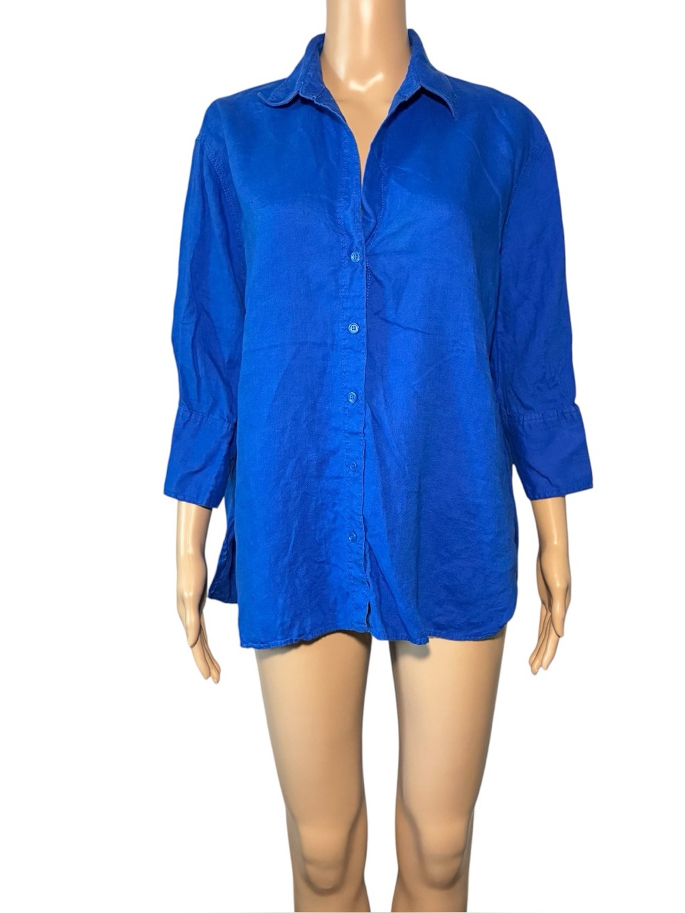 Zara Women's Button Up Shirt M Blue 100% Linen Collared Long Sleeve Relaxed Fit